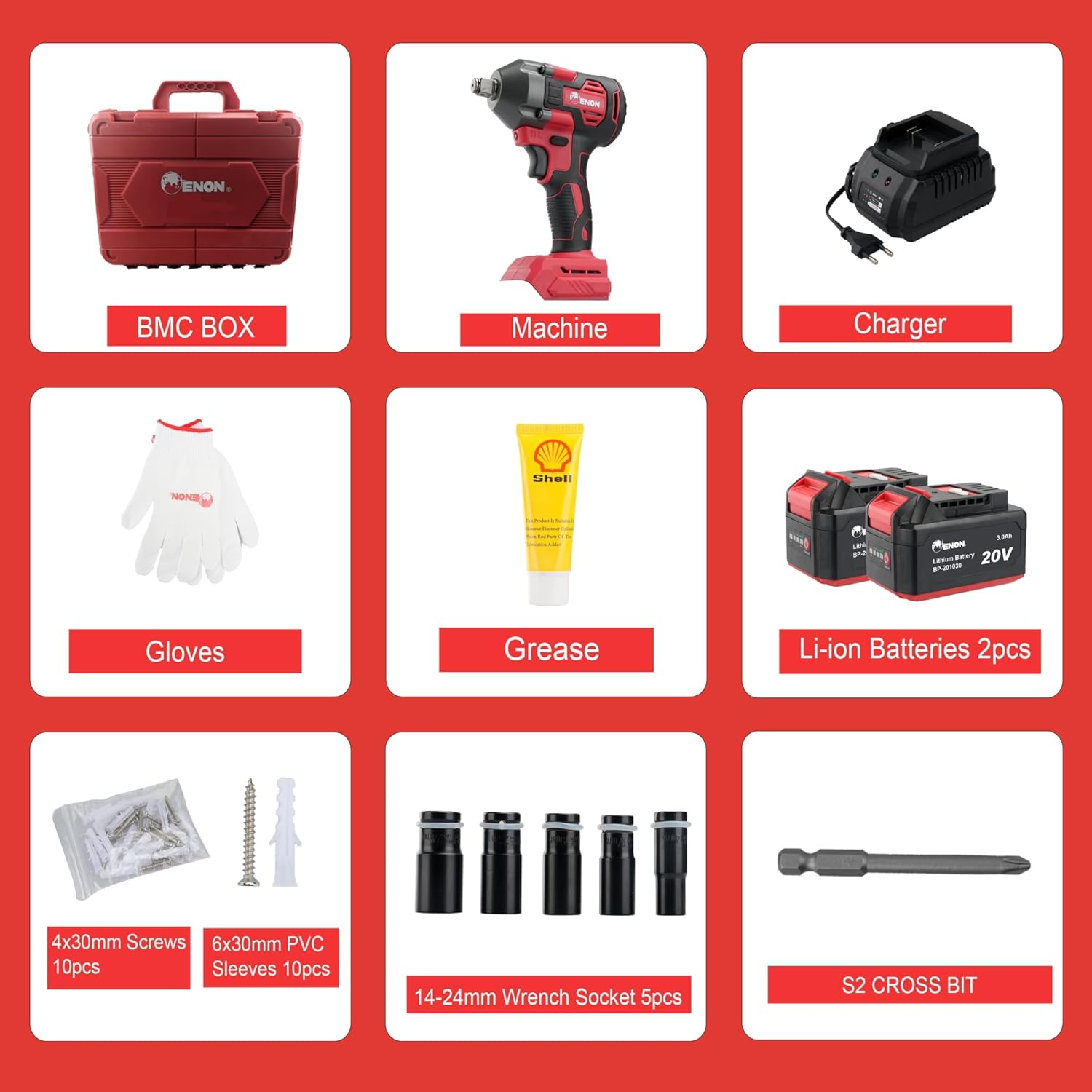ENON 20V Impact Wrench Cordless Kit, 410Nm Torque, Powerful Motor, 2x3.0Ah Batteries, 5 wrench sockets, F/R, Brushless, Woodworking Tool, Drill, Screwdriver - 6 Month Warranty (XE-BL2032) ENON 20V Impact Wrench Cordless Kit, 410Nm Torque, Powerful Motor, 2x3.0Ah Batteries, 5 wrench sockets, F/R, Brushless, Woodworking Tool, Drill, Screwdriver - 6 Month Warranty (XE-BL2032)